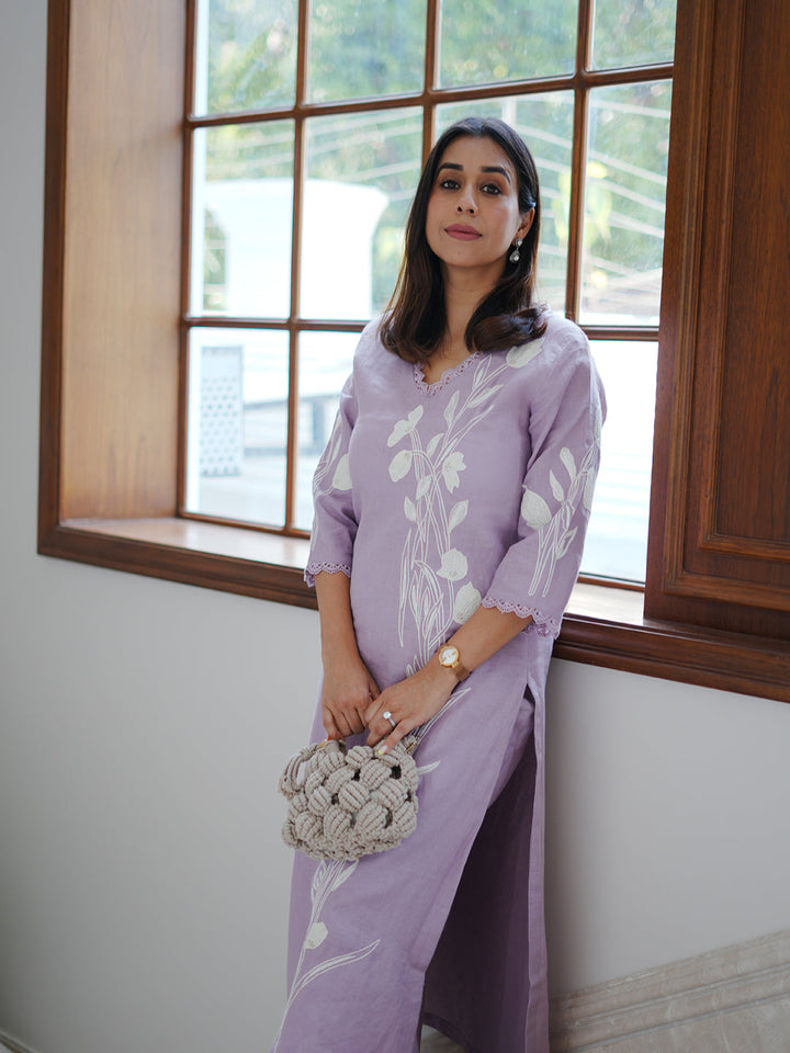 Neerus Lilac Casual Embroidered Kurta and Trouser