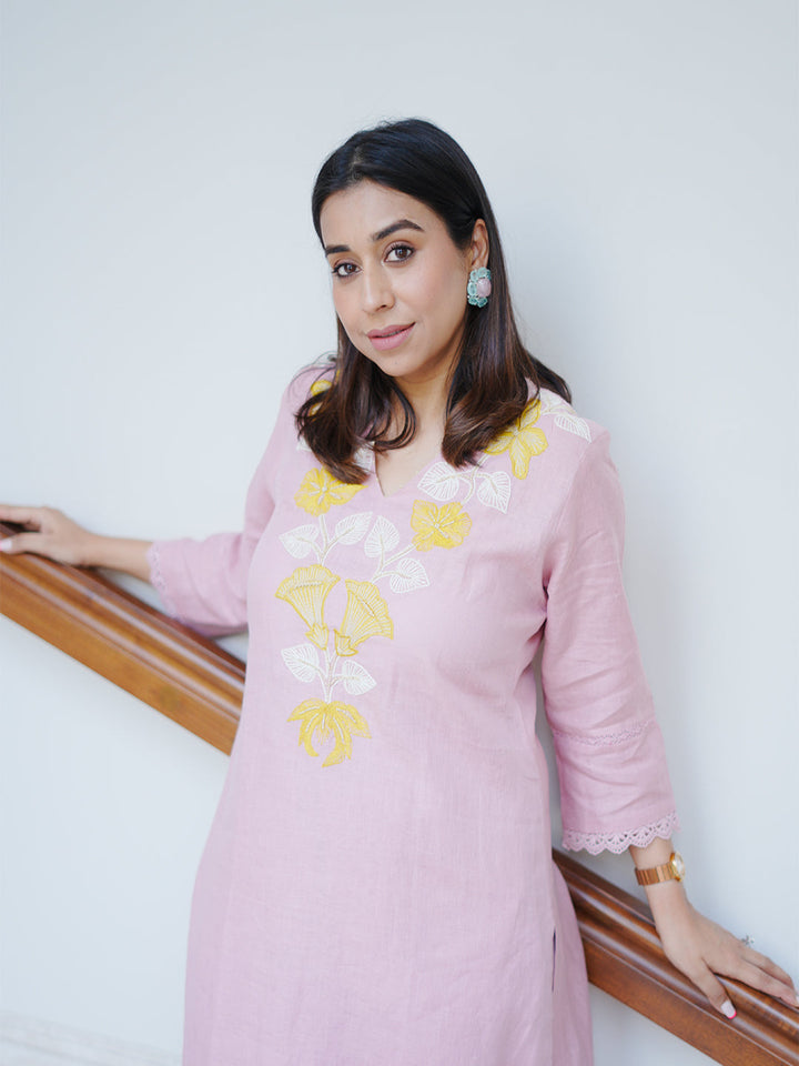 Neerus Baby Pink Casual Embroidered Kurta and Trouser