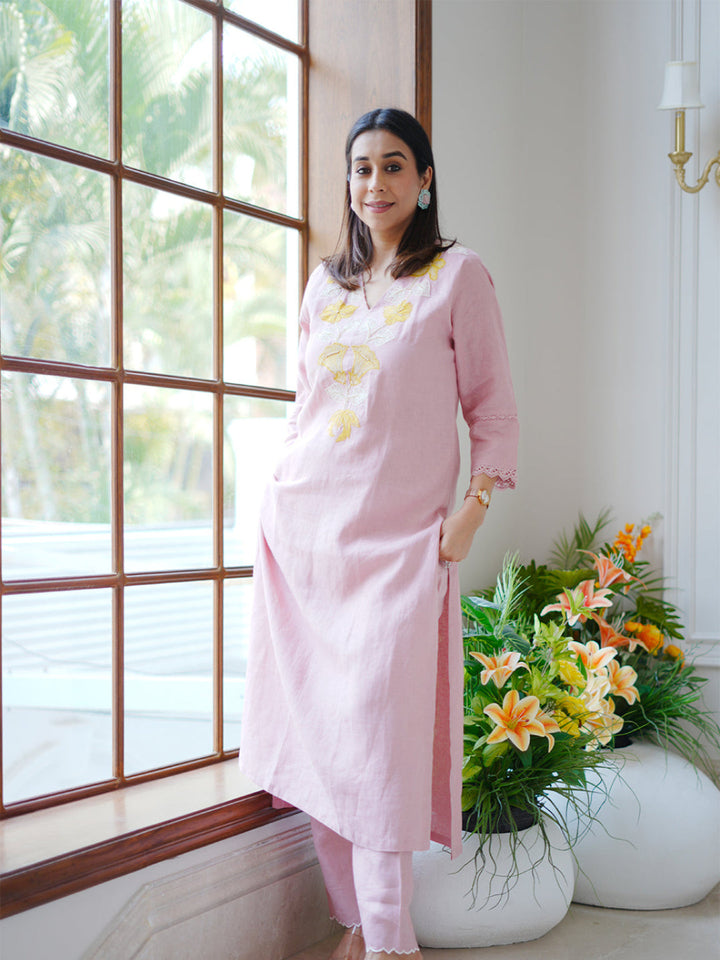 Neerus Baby Pink Casual Embroidered Kurta and Trouser