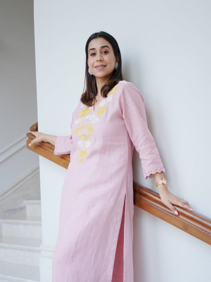 Neerus Baby Pink Casual Embroidered Kurta and Trouser
