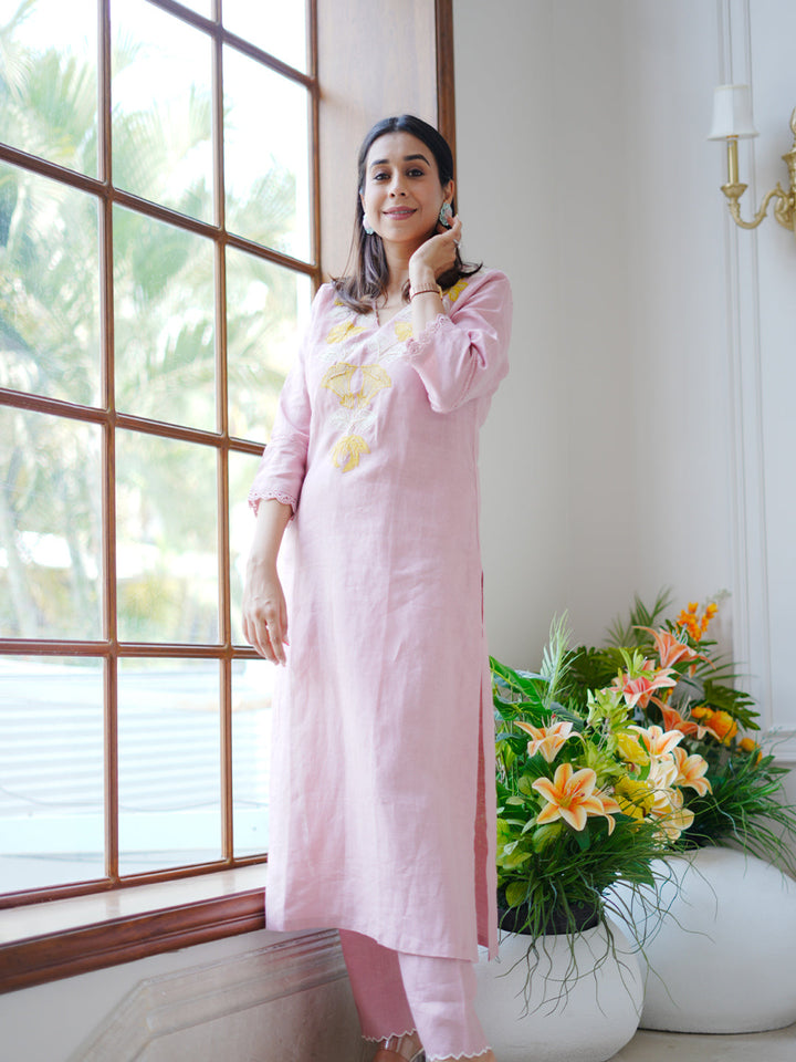 Neerus Baby Pink Casual Embroidered Kurta and Trouser