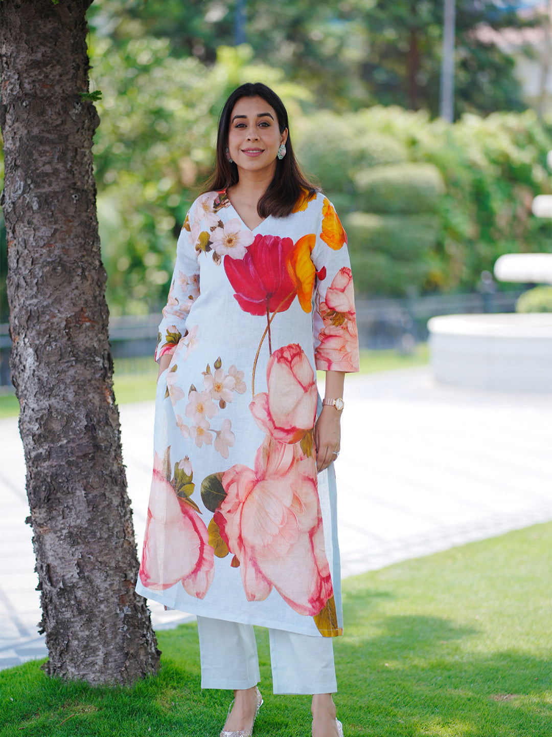 Neerus Sky Blue Casual Floral Printed Kurta and Trouser