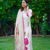 Neerus Cream Casual Floral Printed Kurta and Trouser with Dupatta