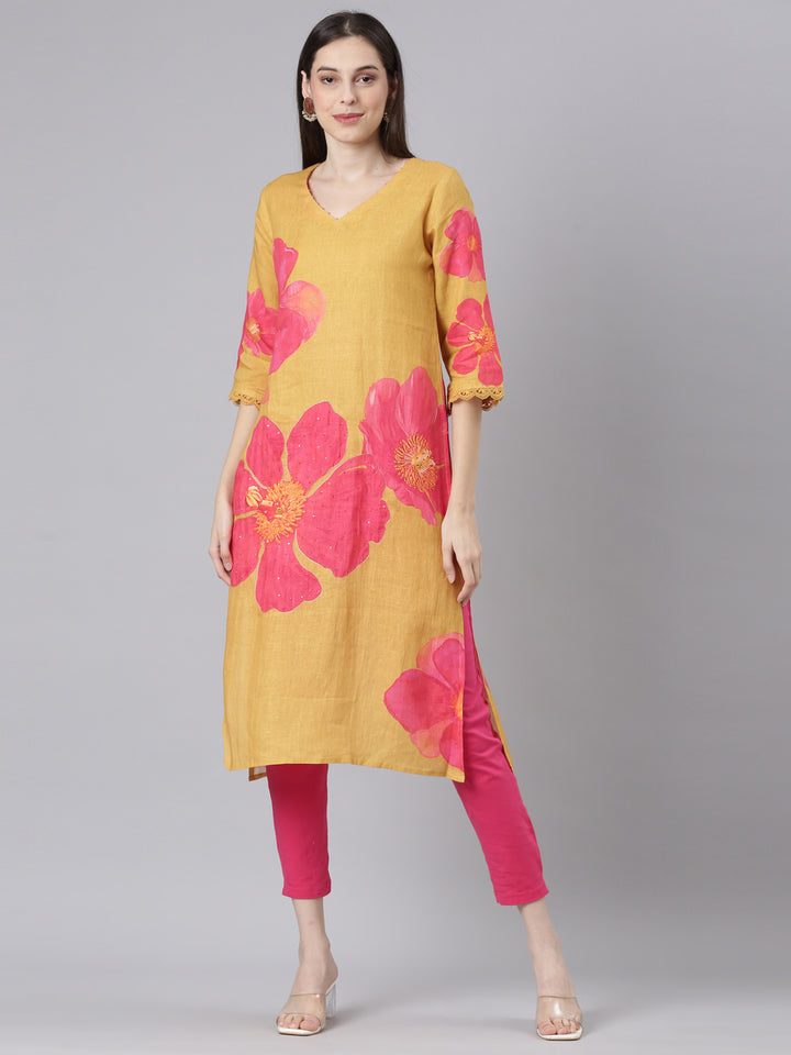 Neerus Mustard Casual Floral Straight Kurtas