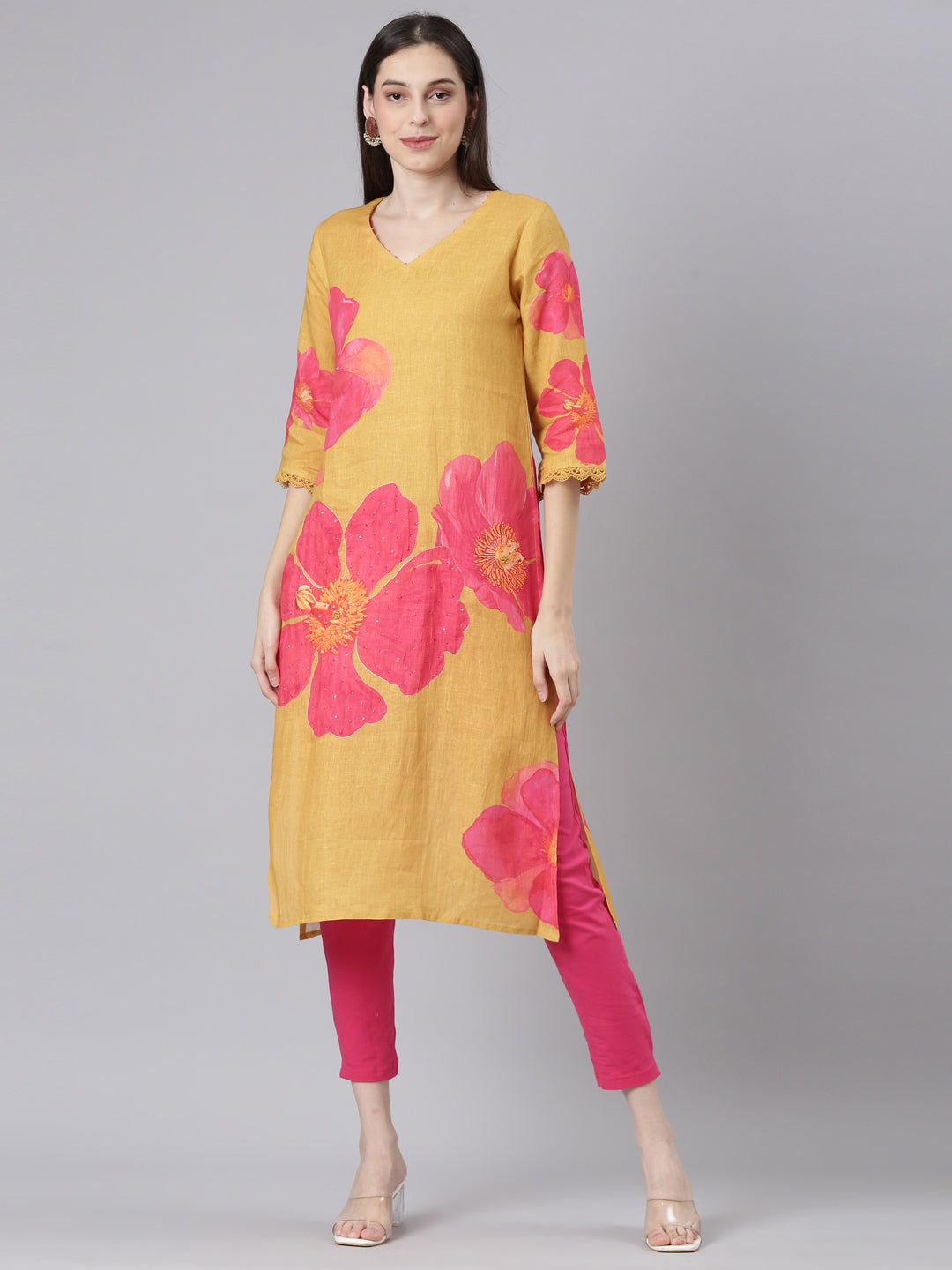 Neerus Mustard Casual Floral Straight Kurtas