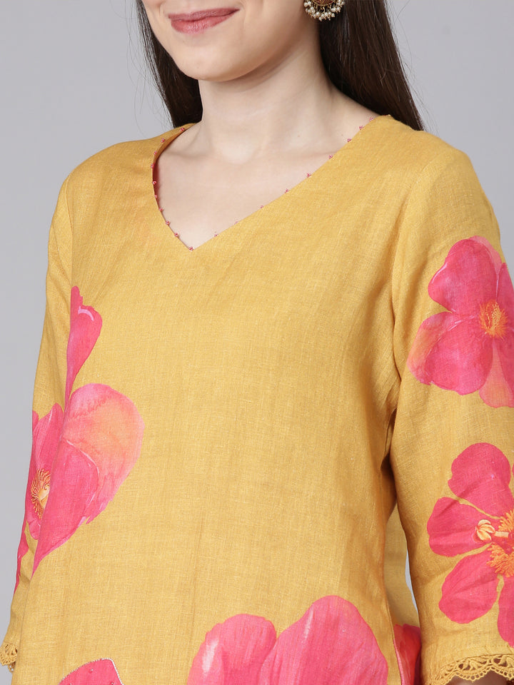 Neerus Mustard Casual Floral Straight Kurtas