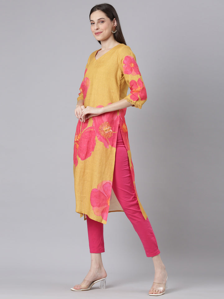 Neerus Mustard Casual Floral Straight Kurtas