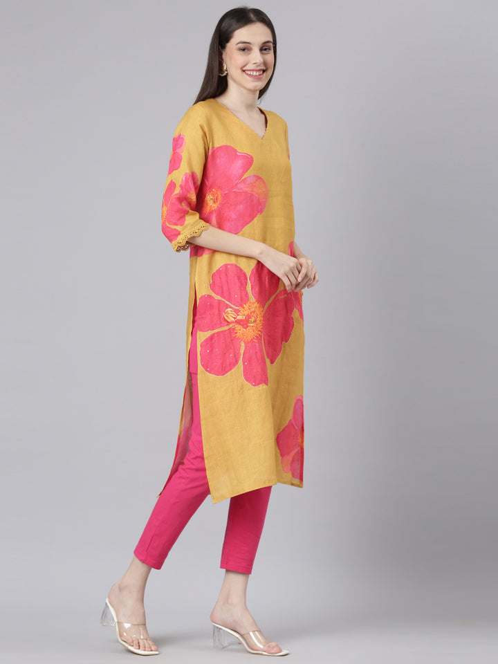 Neerus Mustard Casual Floral Straight Kurtas