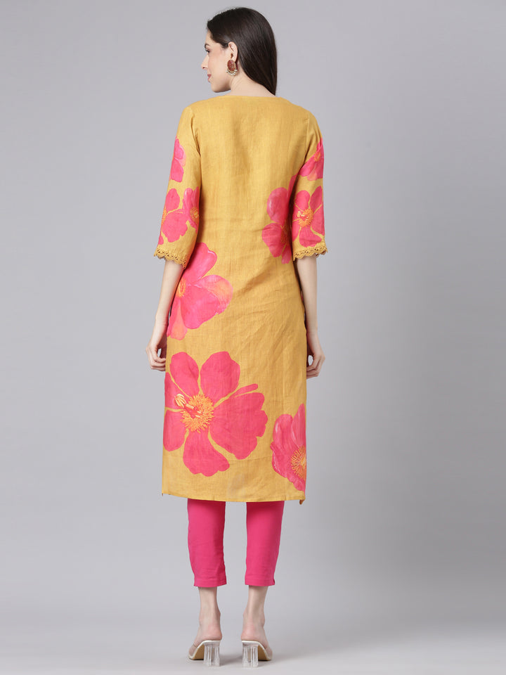 Neerus Mustard Casual Floral Straight Kurtas