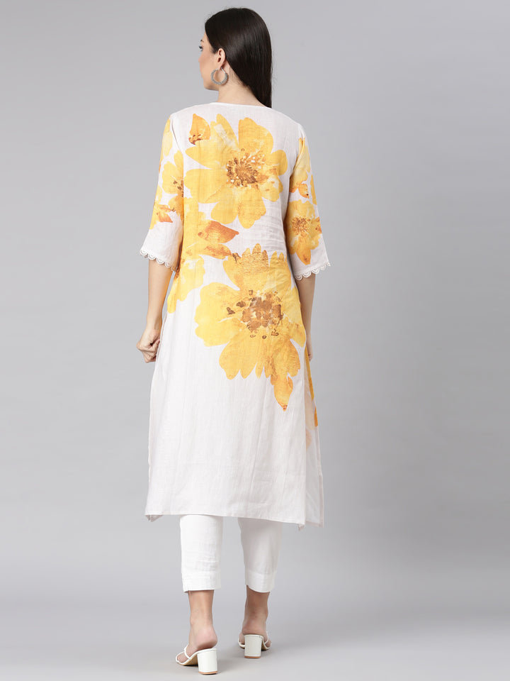 Neerus Yellow Casual Floral Straight Kurtas