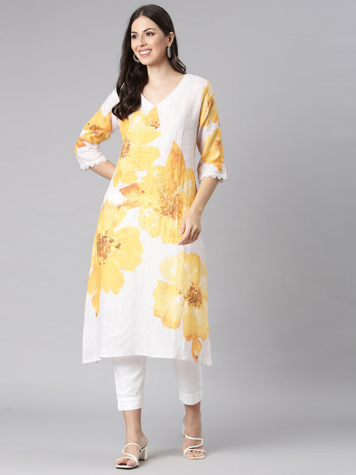Neerus Yellow Casual Floral Straight Kurtas