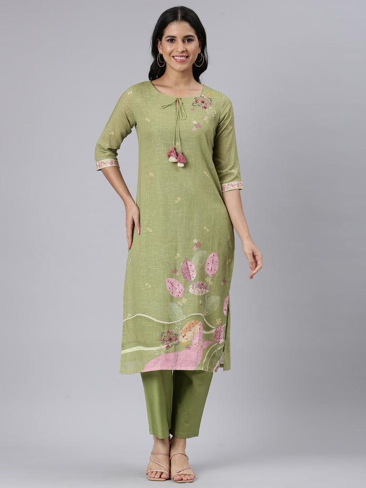 Neerus Green Regular Straight Printed Kurta and Trousers