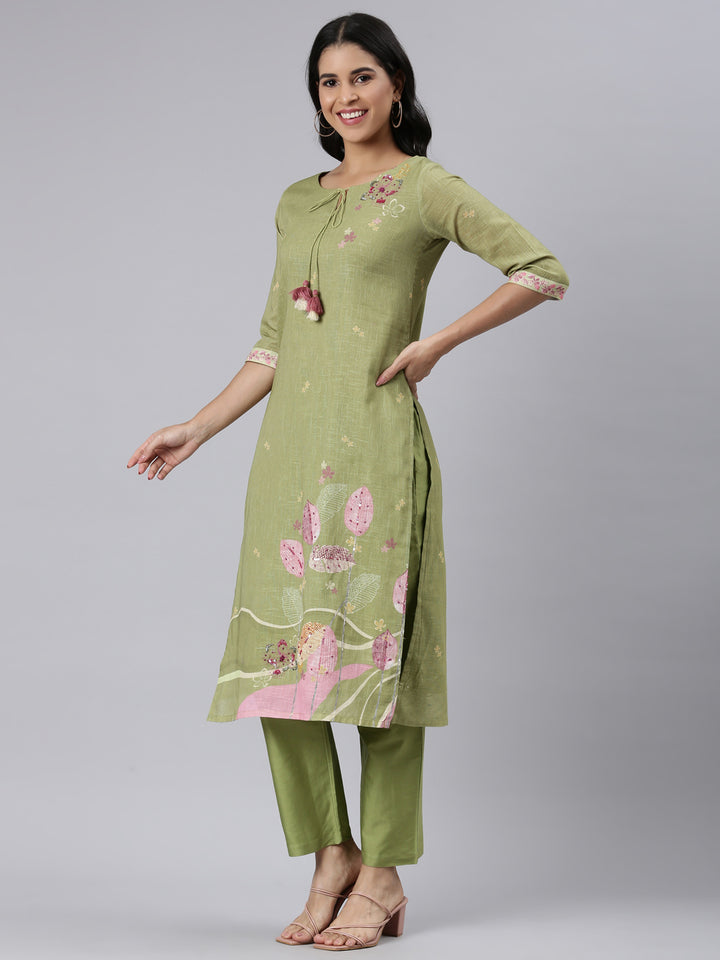 Neerus Green Regular Straight Printed Kurta and Trousers