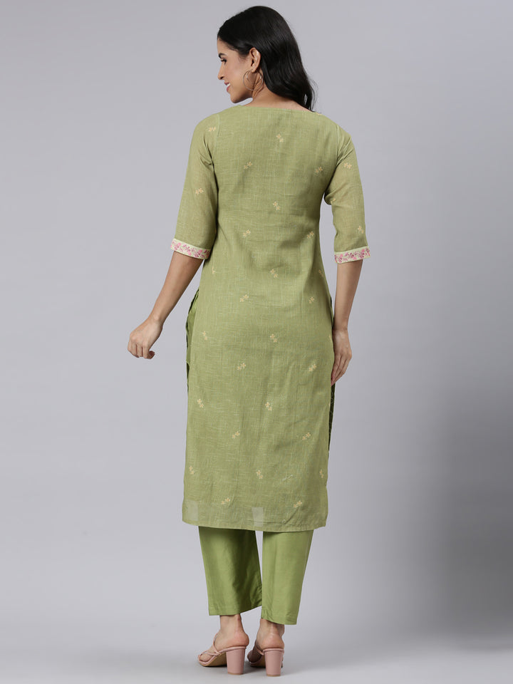 Neerus Green Regular Straight Printed Kurta and Trousers