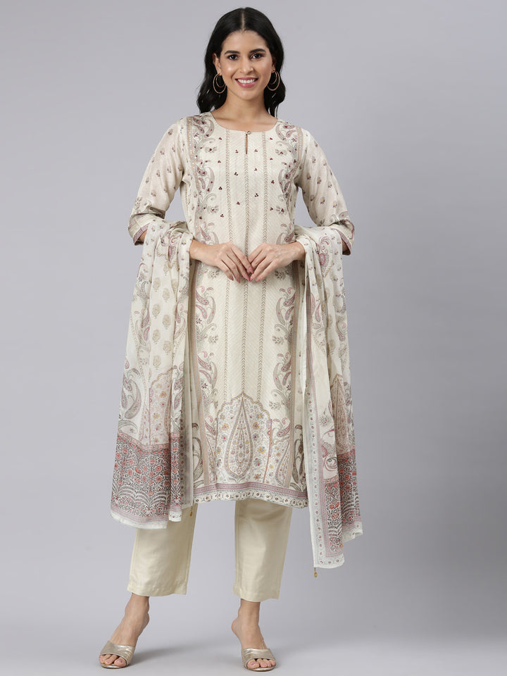Neerus Cream Regular Straight Printed Kurta and Trousers With Dupatta