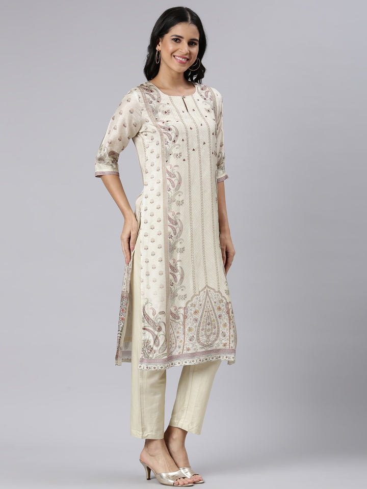 Neerus Cream Regular Straight Printed Kurta and Trousers With Dupatta