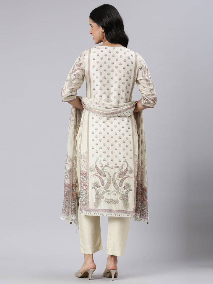 Neerus Cream Regular Straight Printed Kurta and Trousers With Dupatta