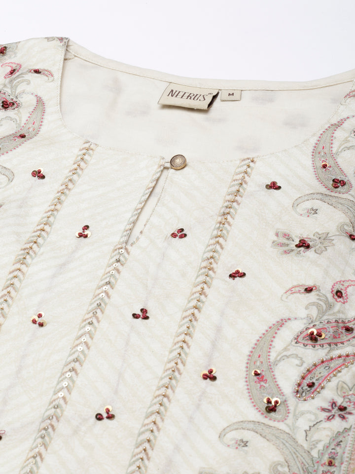 Neerus Cream Regular Straight Printed Kurta and Trousers With Dupatta