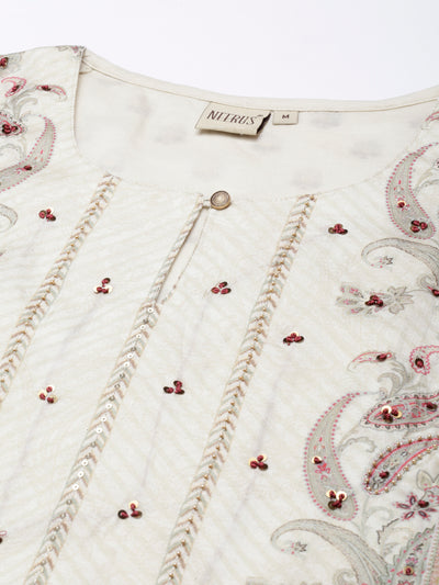 Neerus Cream Regular Straight Printed Kurta and Trousers With Dupatta