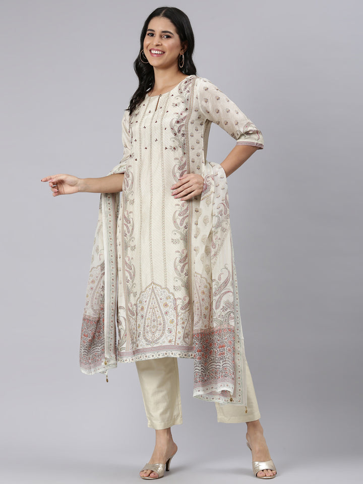 Neerus Cream Regular Straight Printed Kurta and Trousers With Dupatta