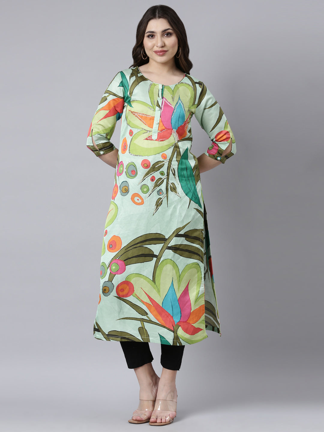 Neerus Green raw silk printed floral straight kurti - front view
