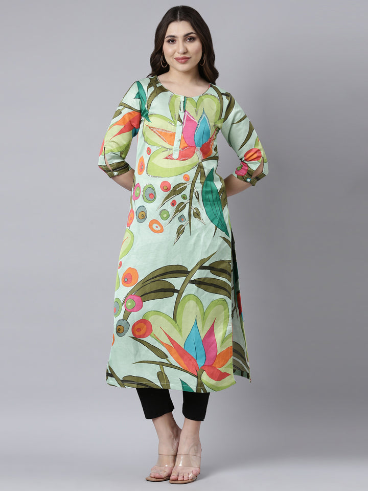 Neerus Green raw silk printed floral straight kurti - front view