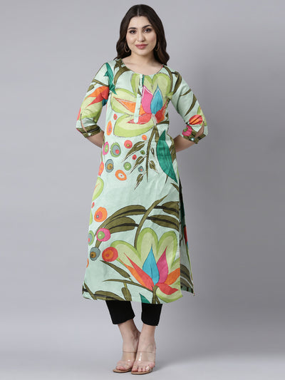 Neerus Green Regular Straight Floral Kurtas