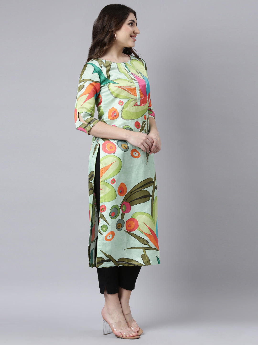 Neerus Green raw silk printed floral straight kurti - back view