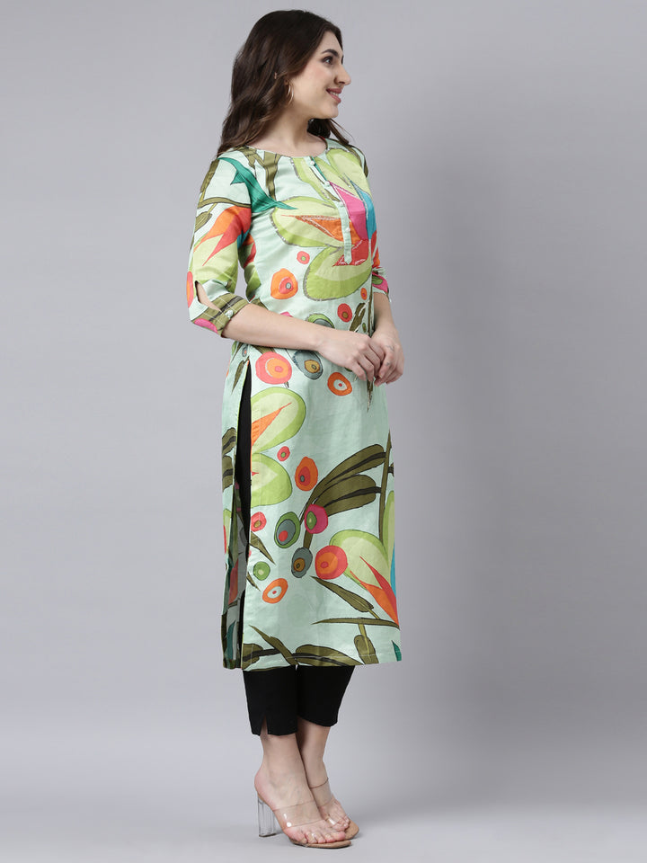 Neerus Green raw silk printed floral straight kurti - back view