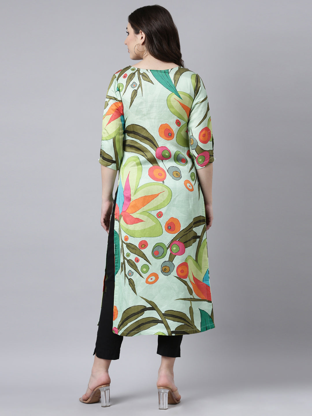 Neerus Green raw silk printed floral straight kurti - side view
