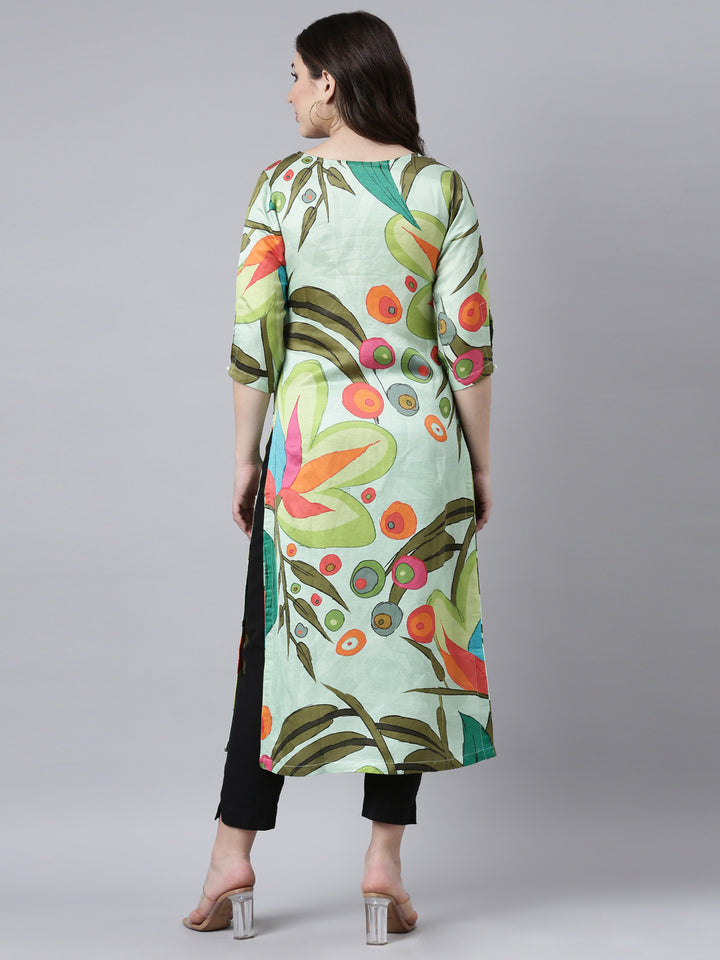 Neerus Green raw silk printed floral straight kurti - side view