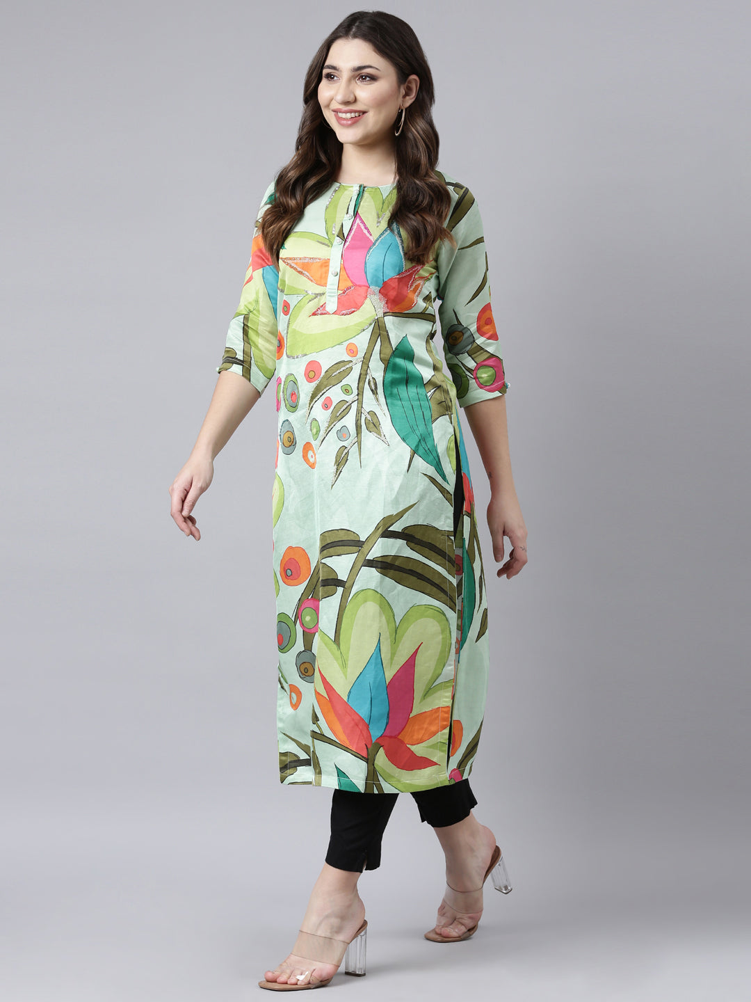 Neerus Green raw silk printed floral straight kurti - detail view 2