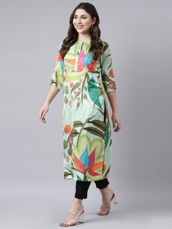 Neerus Green raw silk printed floral straight kurti - detail view 2