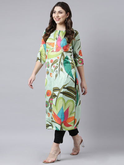 Neerus Green Regular Straight Floral Kurtas
