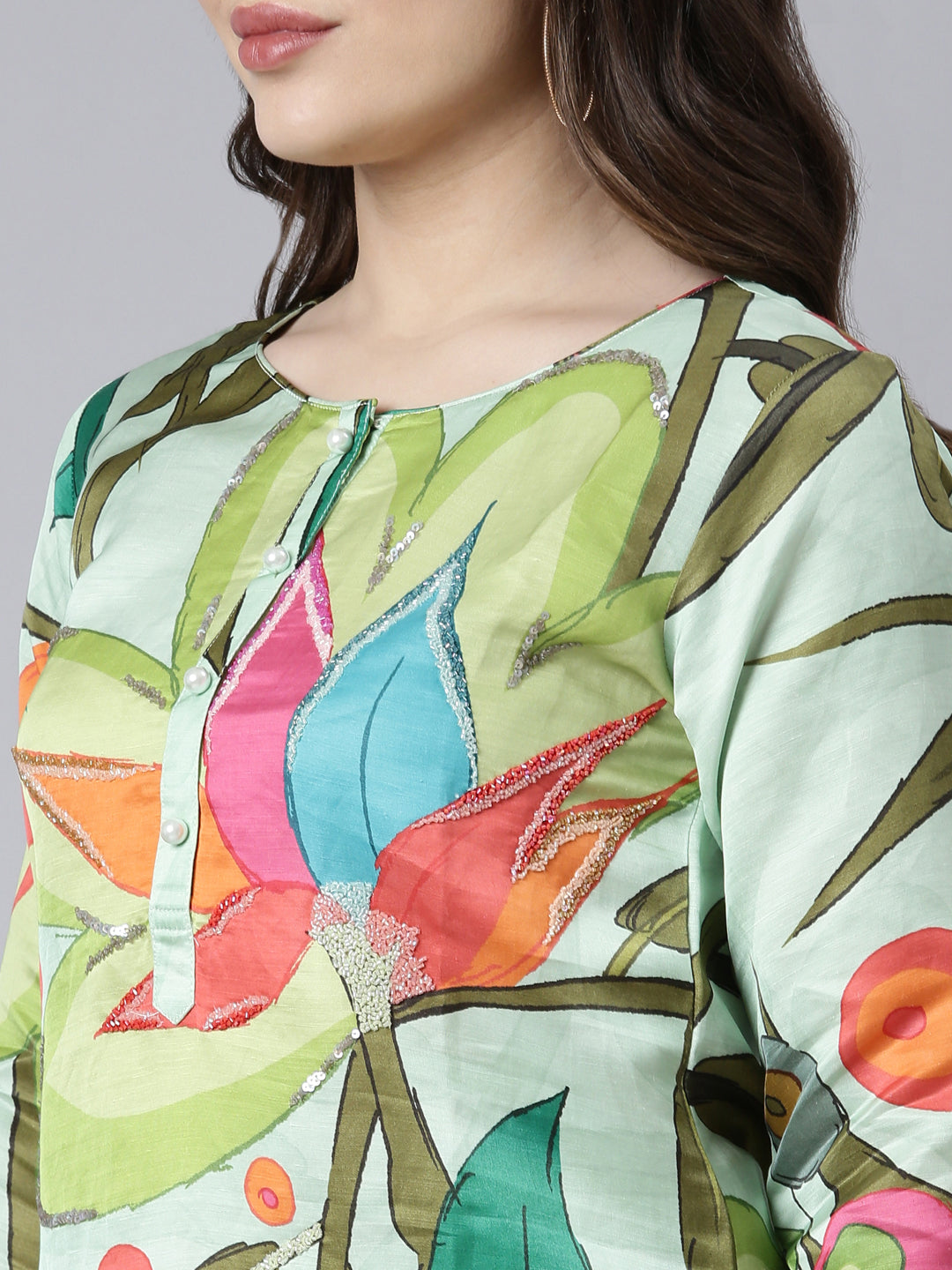 Neerus Green raw silk printed floral straight kurti - detail view 1