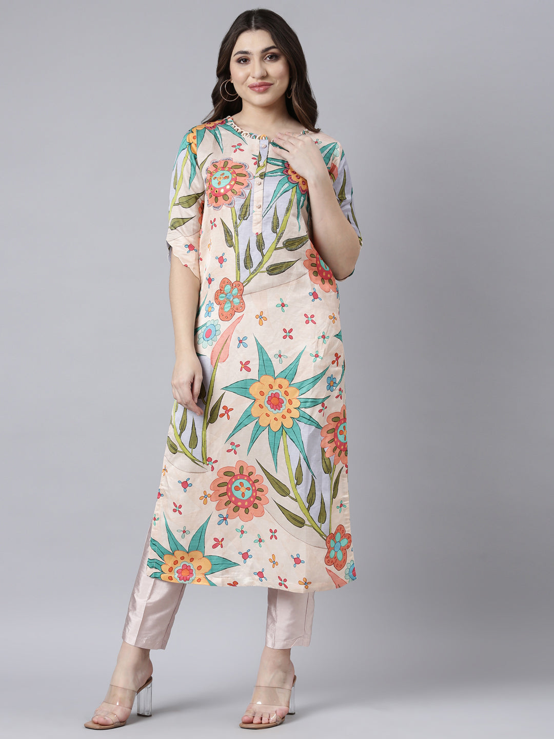 Neerus Orange raw silk printed floral kurti - front view