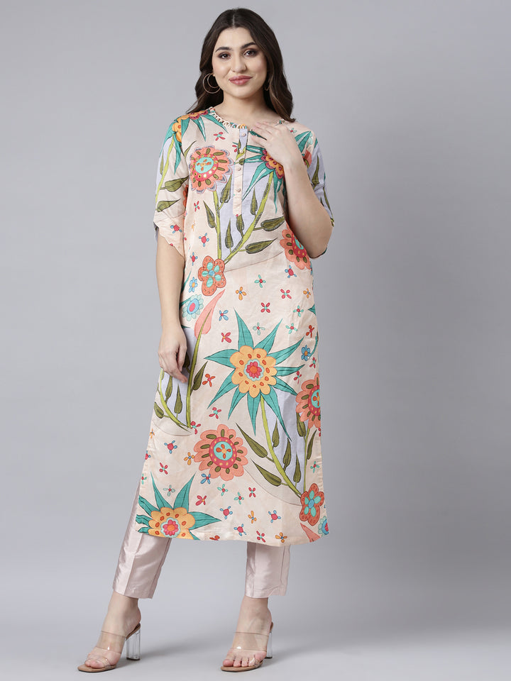 Neerus Orange raw silk printed floral kurti - front view