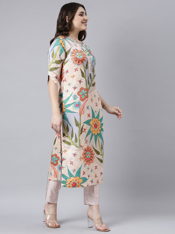 Neerus Orange raw silk printed floral kurti - back view