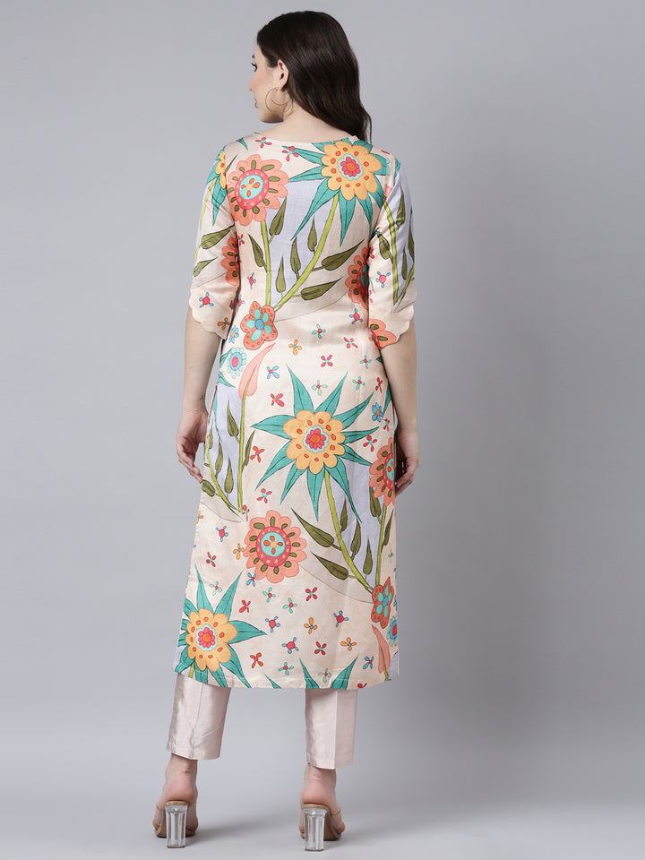 Neerus Orange raw silk printed floral kurti - side view