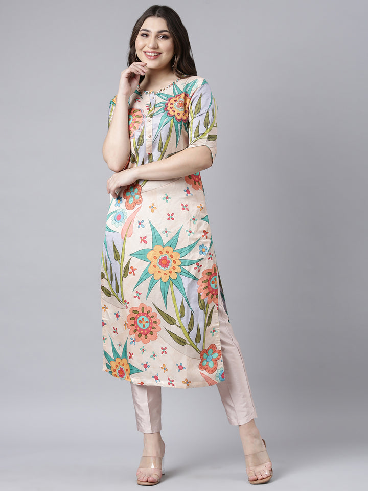 Neerus Orange raw silk printed floral kurti - detail view 2