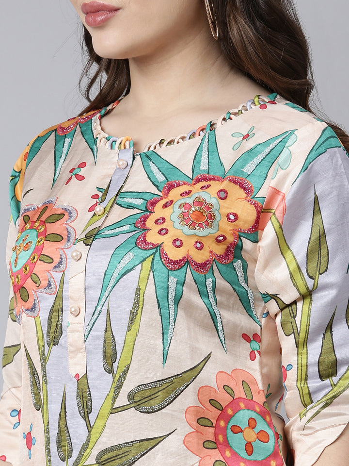 Neerus Orange raw silk printed floral kurti - detail view 1