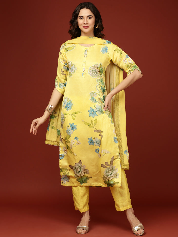 Yellow Viscose Floral Printed Three Piece Set