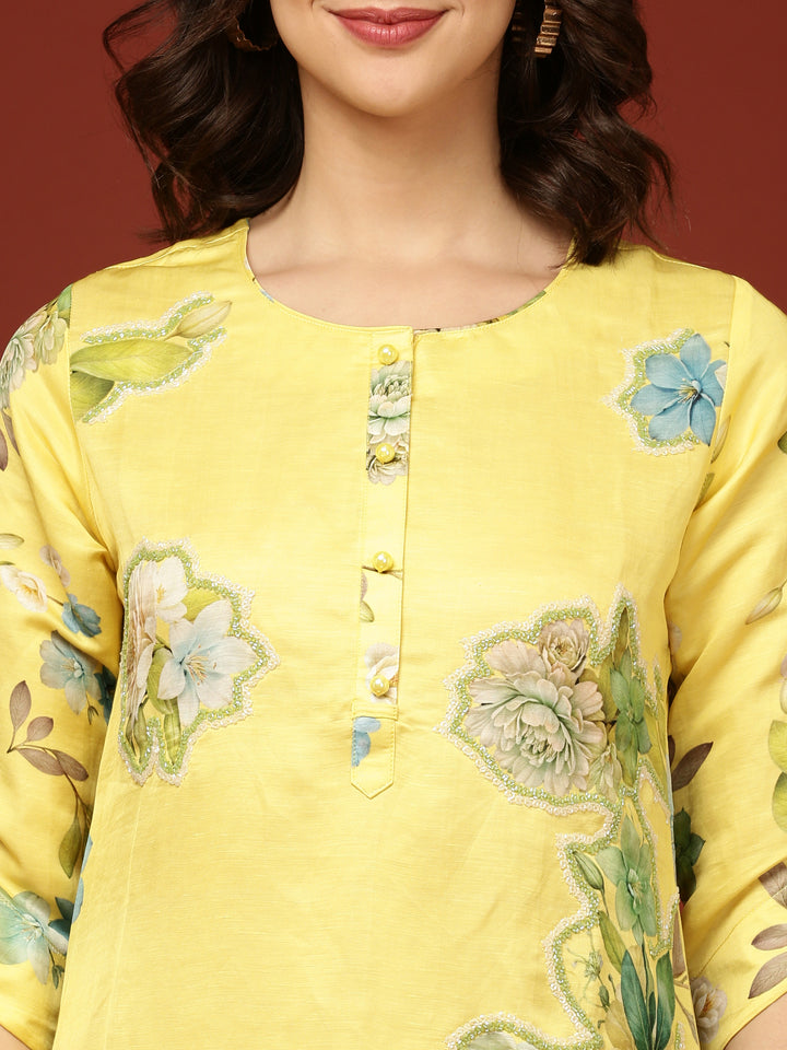 Yellow Viscose Floral Printed Three Piece Set