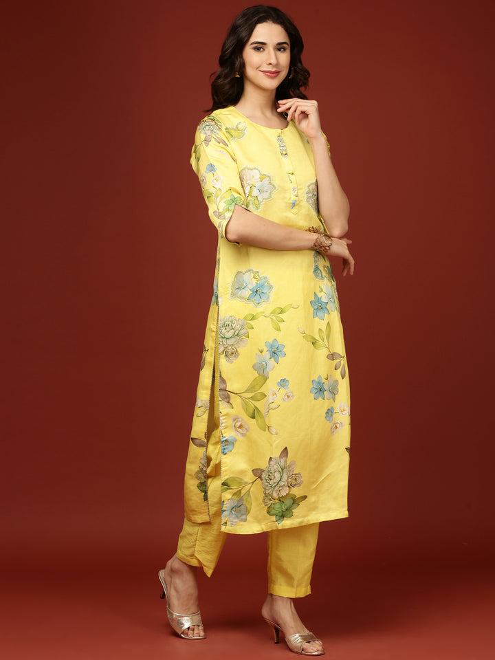 Yellow Viscose Floral Printed Three Piece Set