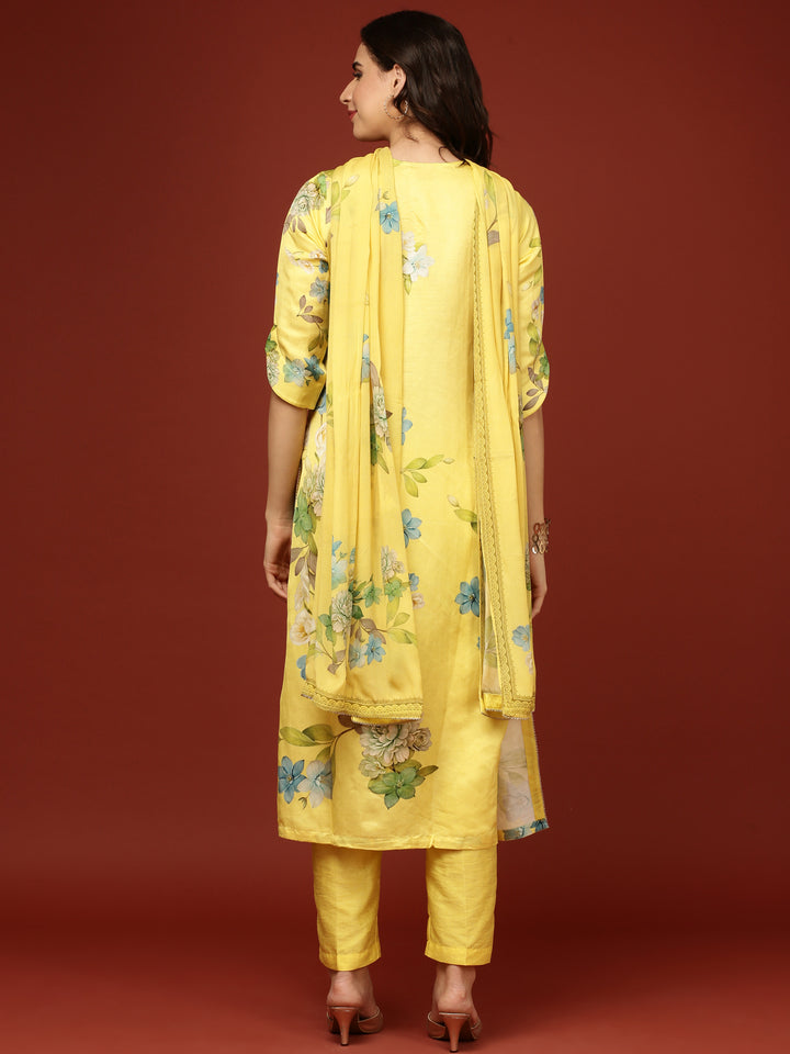 Yellow Viscose Floral Printed Three Piece Set