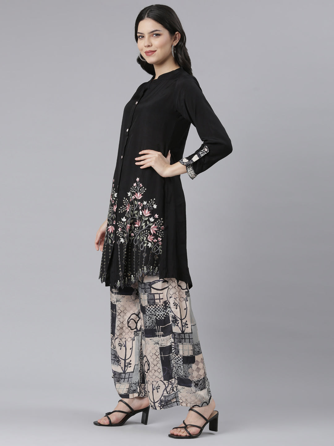 Neerus Black printed floral kurta set with palazzo - back view
