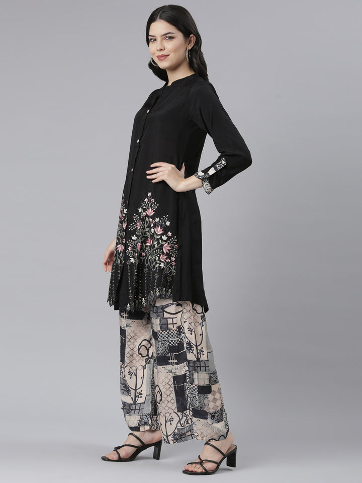 Neerus Black printed floral kurta set with palazzo - back view