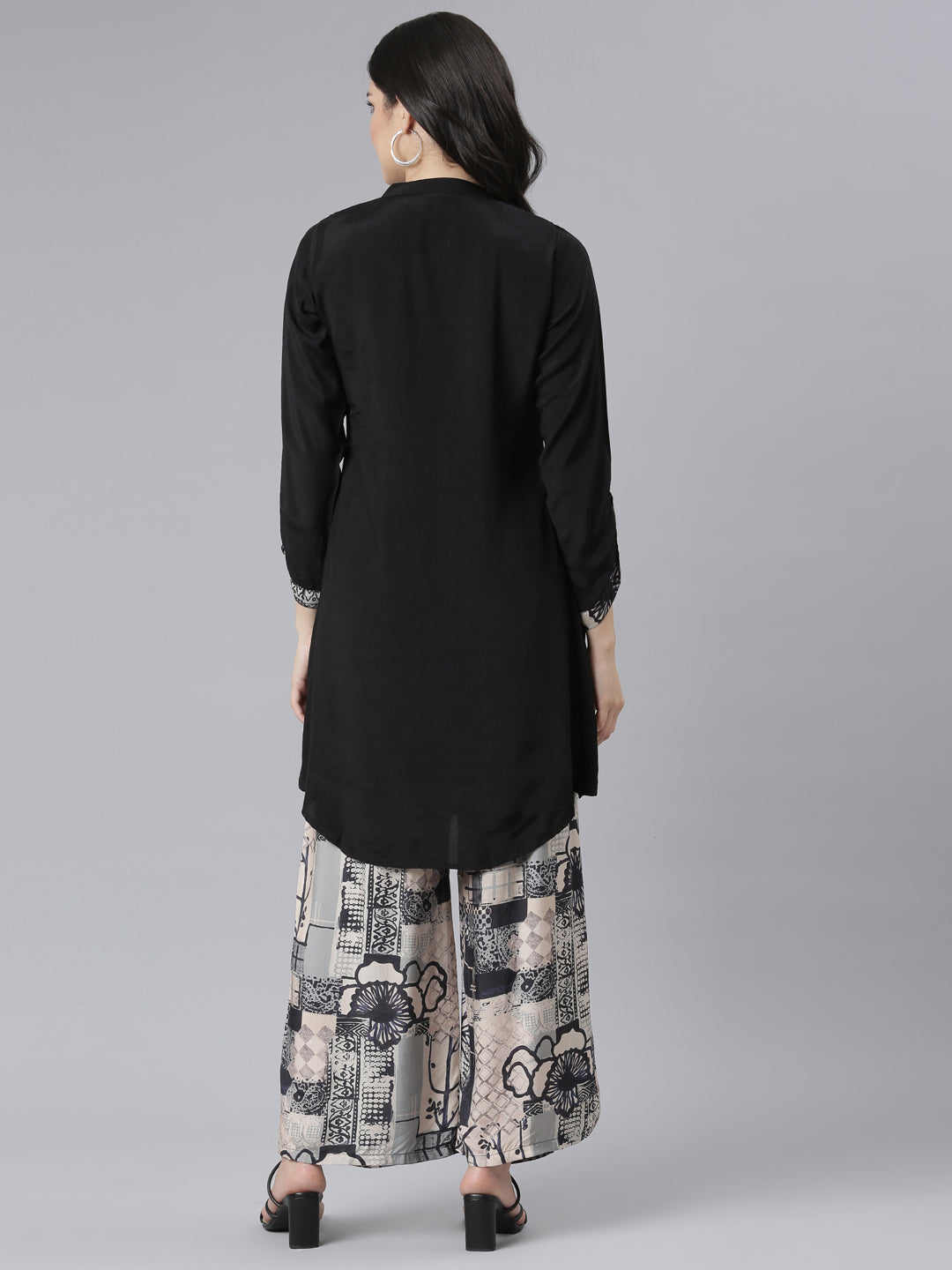 Neerus Black printed floral kurta set with palazzo - side view