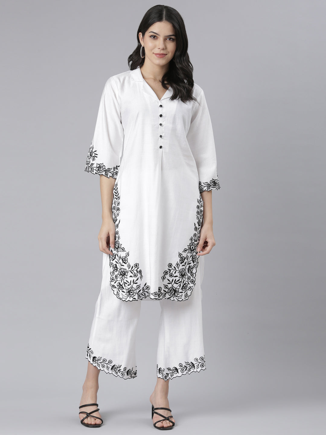 Neerus White floral printed kurta set - front view