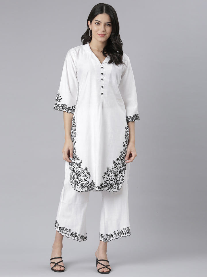 Neerus White floral printed kurta set - front view